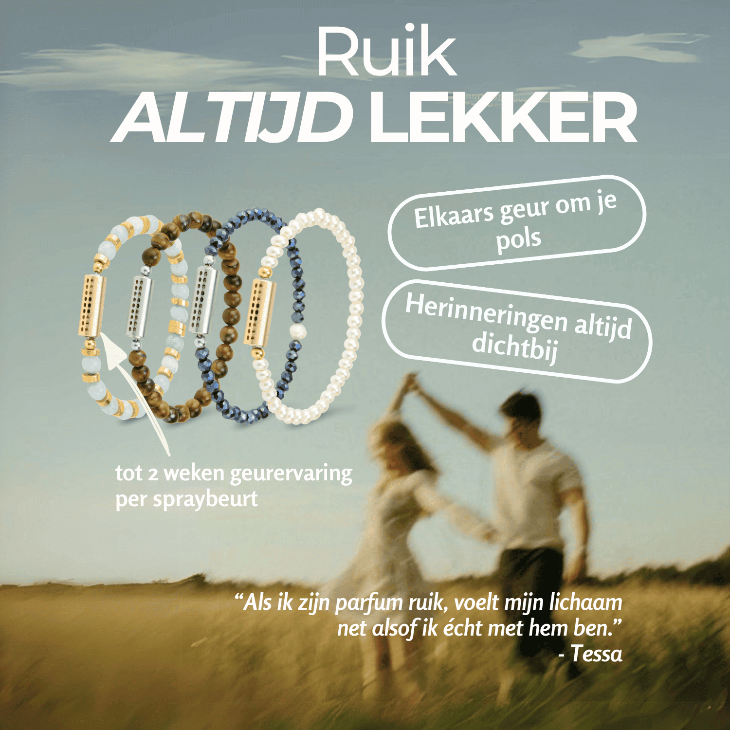 Uitleg van onze geurarmbanden met zichtbare banden en twee verliefde mensen